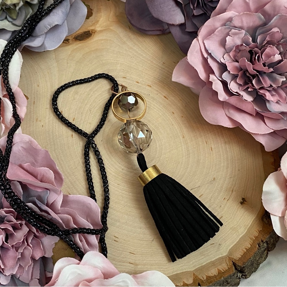 Chic Clear Sphere Long Black and Gold Tassel Necklace - Picture 7 of 11